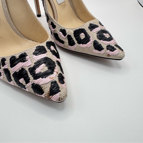 Jimmy Choo Woven Raffia Leopard Pink Black Natural Motif Romy Pumps Heels - Picture 3 of 12